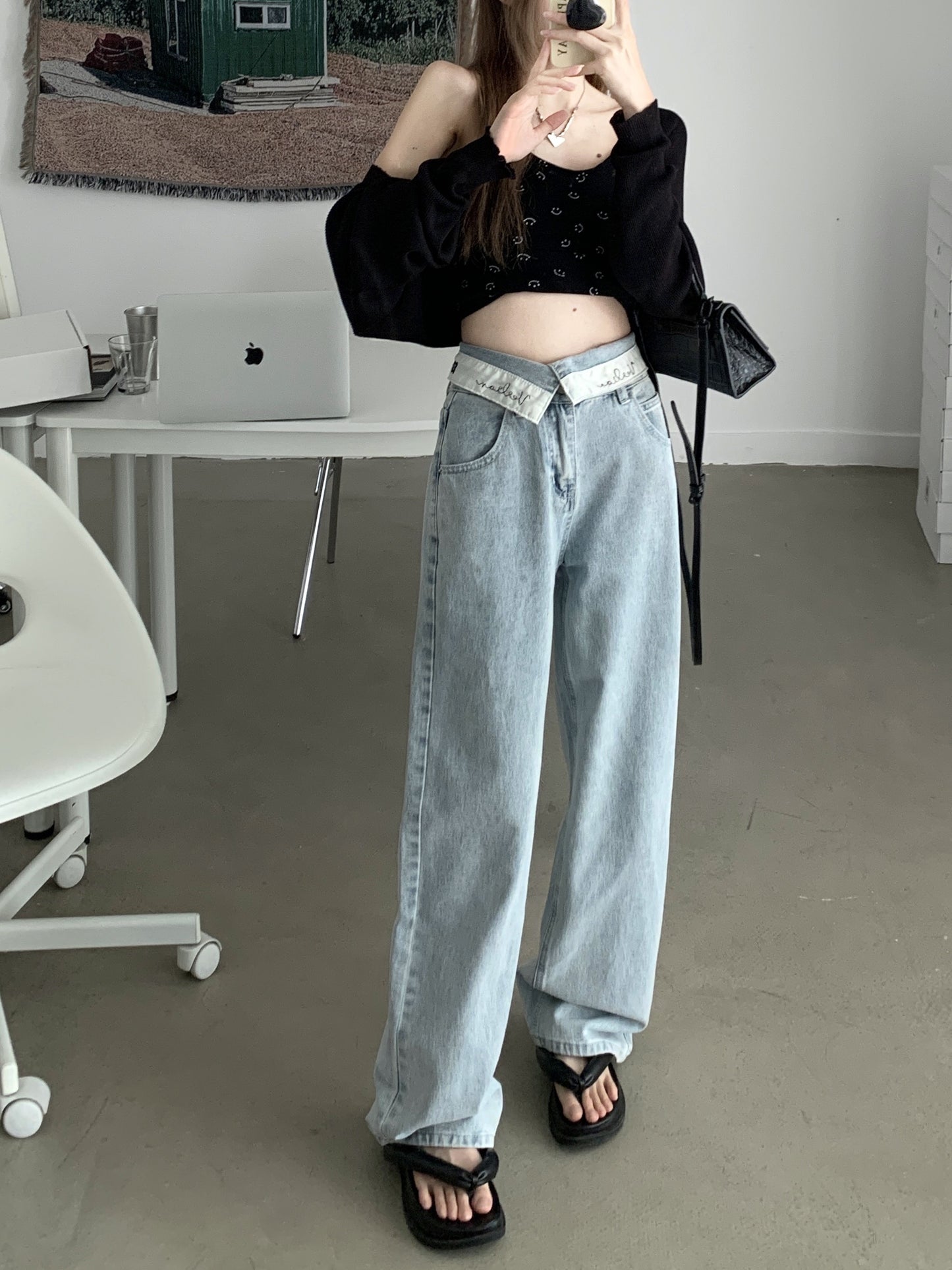 kumikumi high waist flanging jeans spring loose straight wide leg pants retro mopping pants slim pants women
