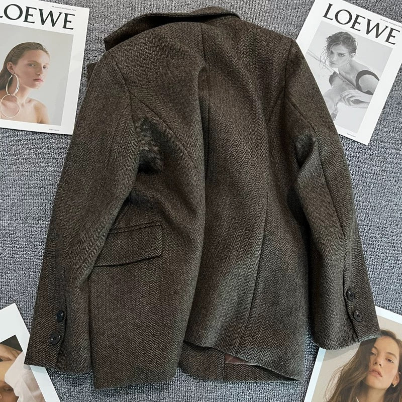 Dark brown suit jacket women's 2022 autumn and winter new design fashion trend fried street casual all-match suit 1762
