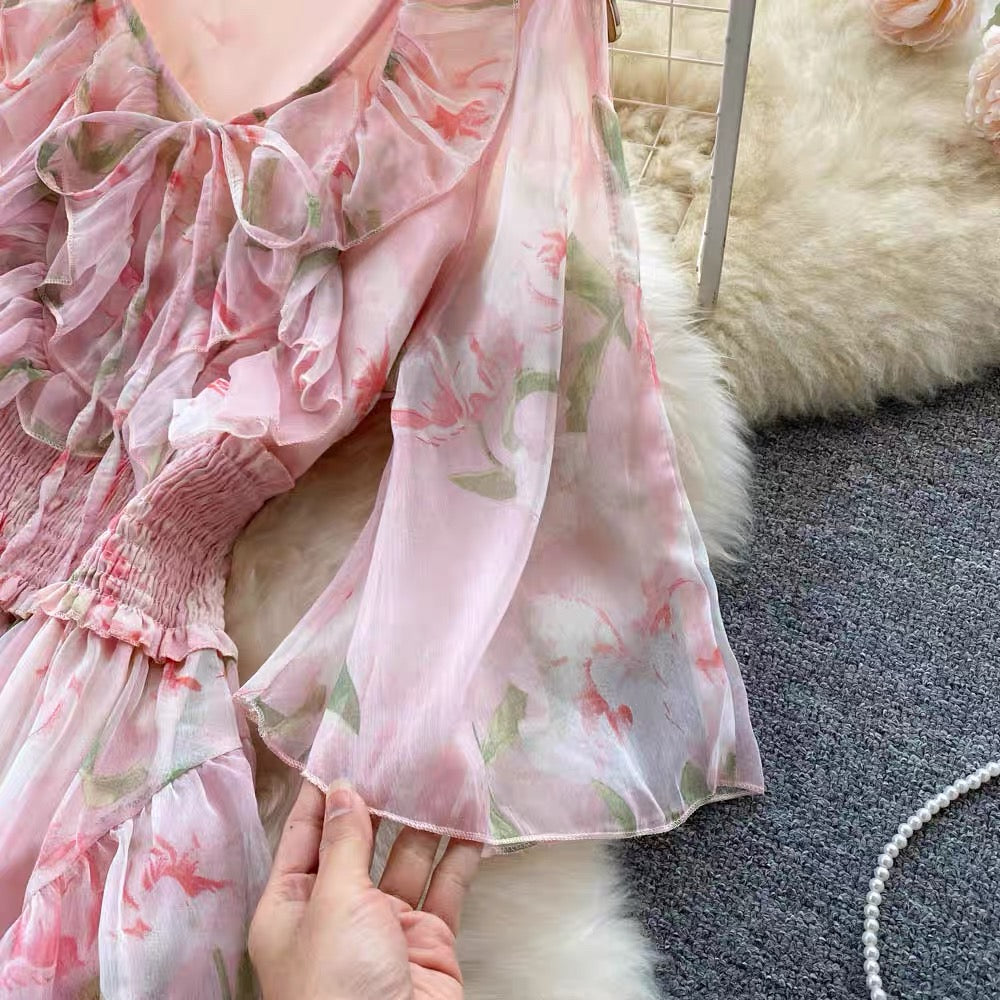 2022 spring new French temperament waist thin fairy skirt fashion temperament thin floral dress female