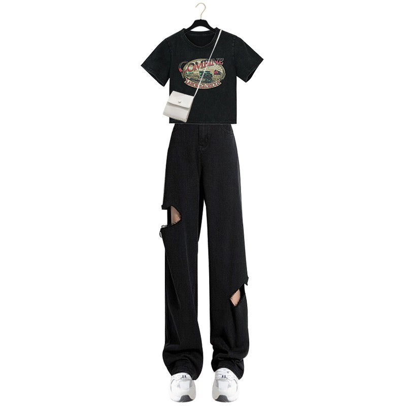 Salt style wears Yujie two-piece ripped jeans women's 2023 popular retro American print short top summer