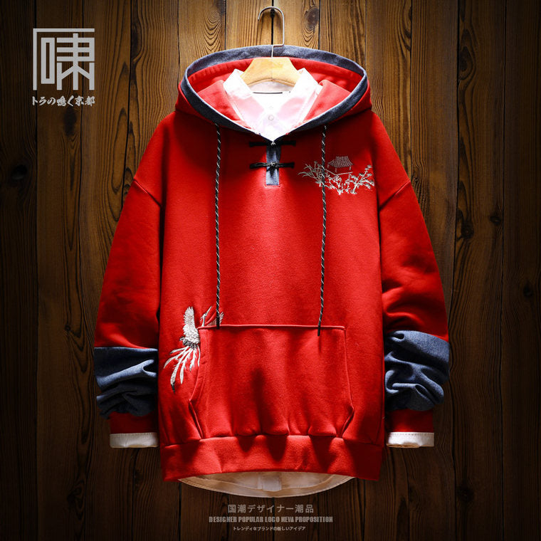 Tide Brand National Tide Chinese Wind Crane Embroidery Niche Hooded Sweater Men's