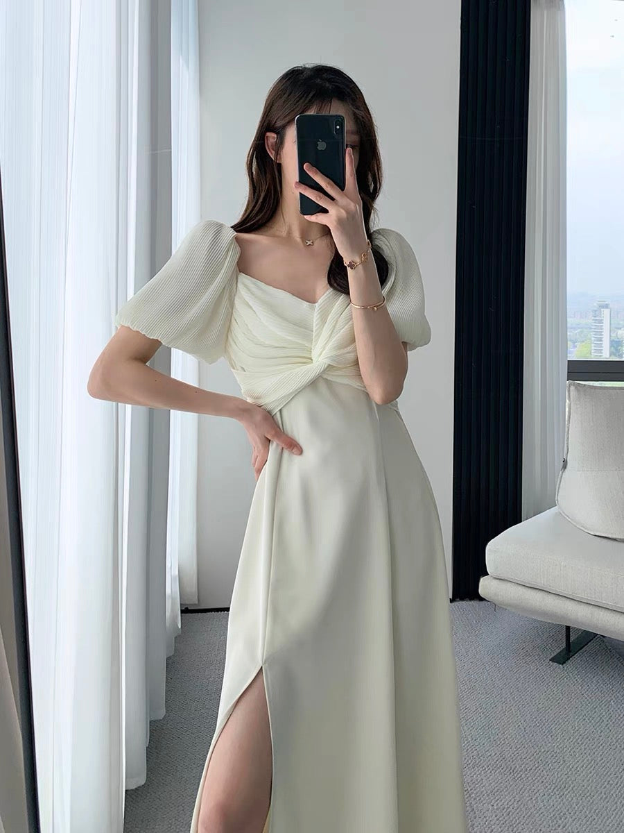 FT GUOGE white dress 2022 summer new square neck puff sleeves temperament goddess fan split long skirt