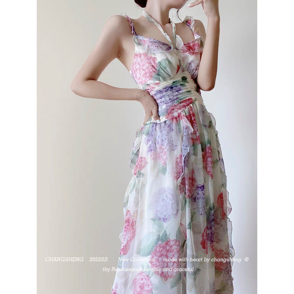 CHANGSHENG Qu Jing You Orchid Summer Temperament High Sense Sling Pleated Waist Floral Holiday Dress 1426