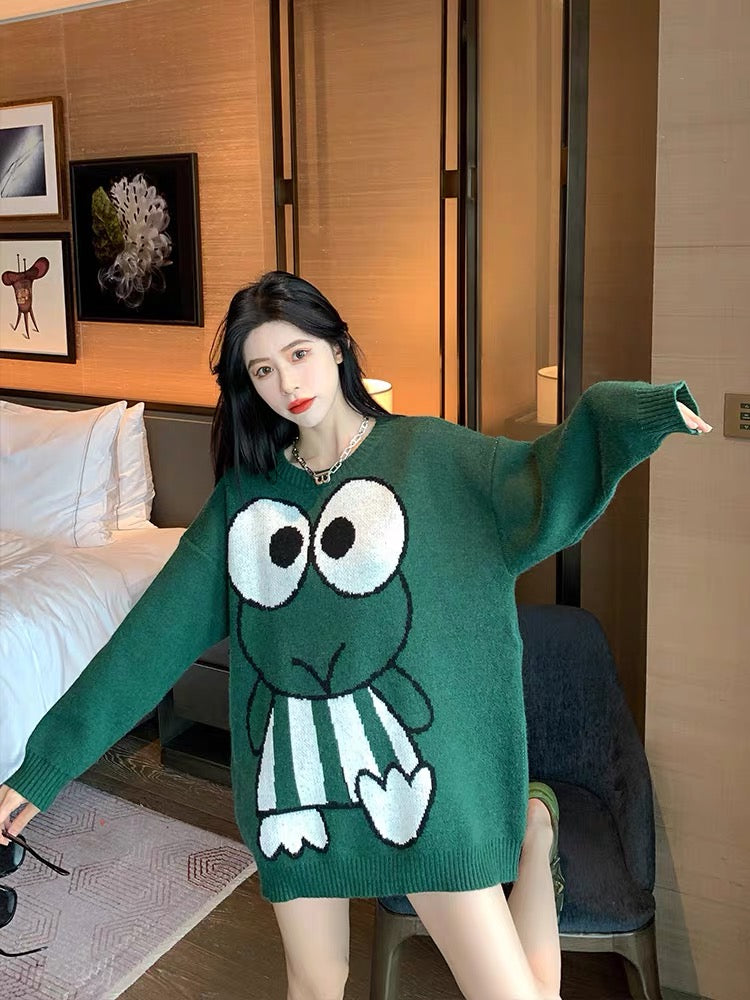 Avocado Green Sweater Women's 2022 Early Autumn New Top Knit Sweater Cartoon Lazy Wind Autumn and Winter Wear Mid-Length