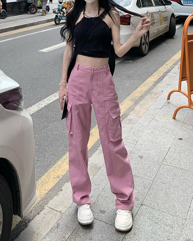 Kumikumi American retro pink overalls women's spring multi-pocket straight casual pants mopping wide-leg pants