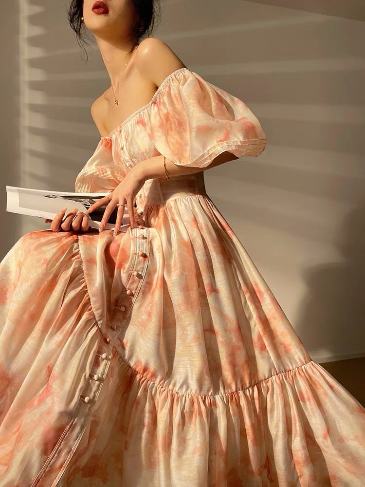 Aconiconi|Huayue Wanran romantic and elegant French puff sleeve one-shoulder high-end niche long dress