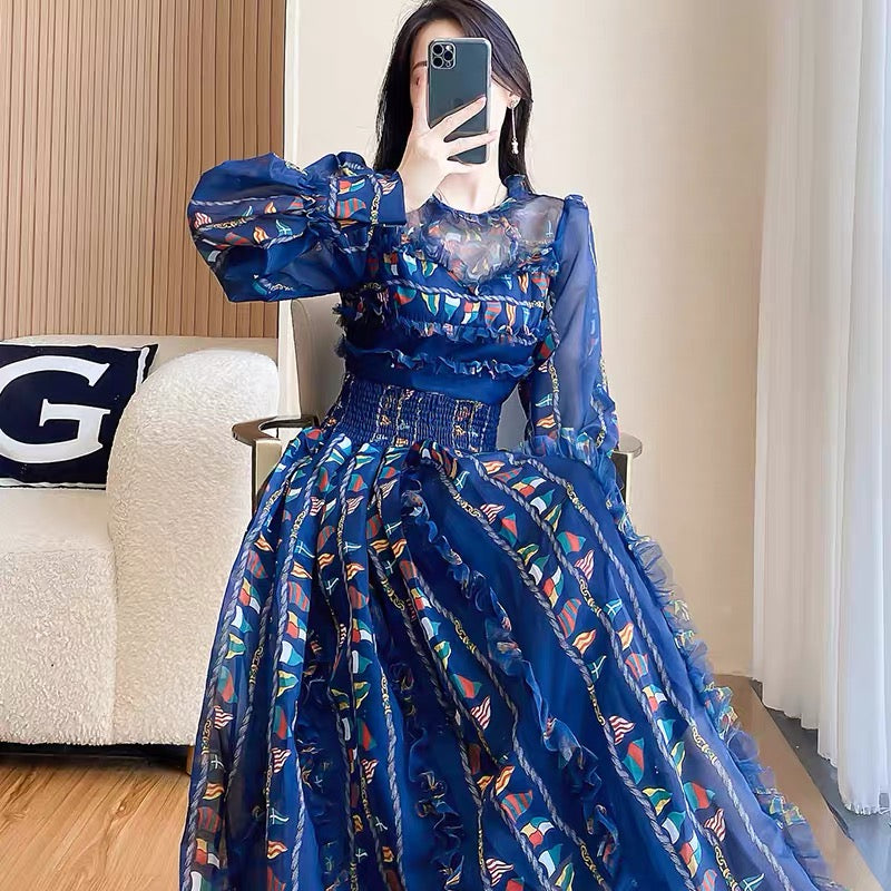 2022 new autumn high-end women's clothing cold wind autumn long-sleeved floral dress temperament goddess fan skirt