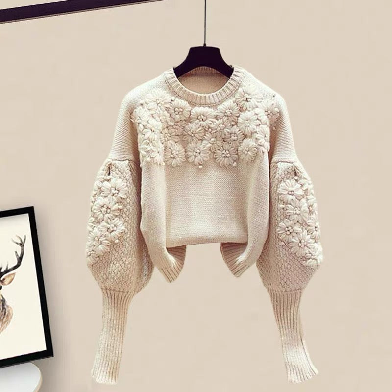 Autumn small man is tall and lazy style embroidered knitted sweater winter matching skirt suit female autumn two-piece suit 1880