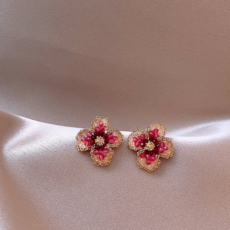 Pink flower earrings female niche design high-end sterling silver needle earrings 2022 new trendy light luxury ear accessories