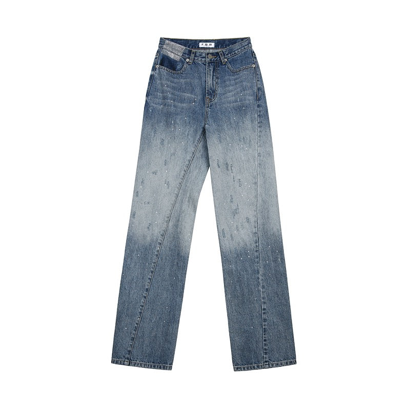 FBB limit spring new trendy irregular design gradient washed blue hot diamond frayed straight jeans