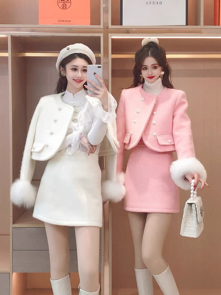 Sweet and fashionable temperament simple double-breasted round neck fur cuff coat high waist skirt two-piece women's autumn and winter