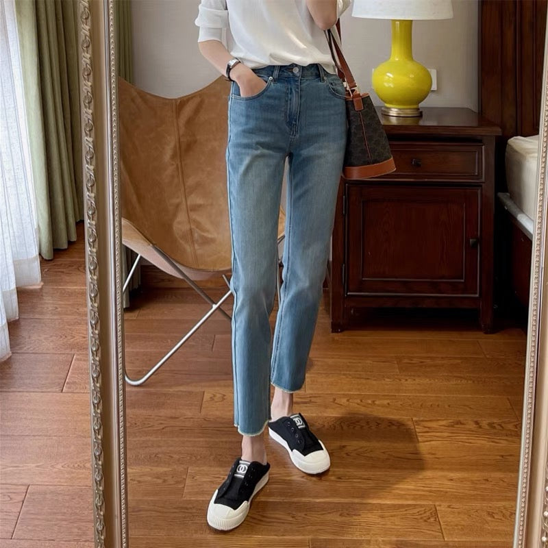 Super beautiful sea salt soda blue showing thin Tibetan meat high waist straight jeans women's spring and summer nine-point pants pear-shaped body pants