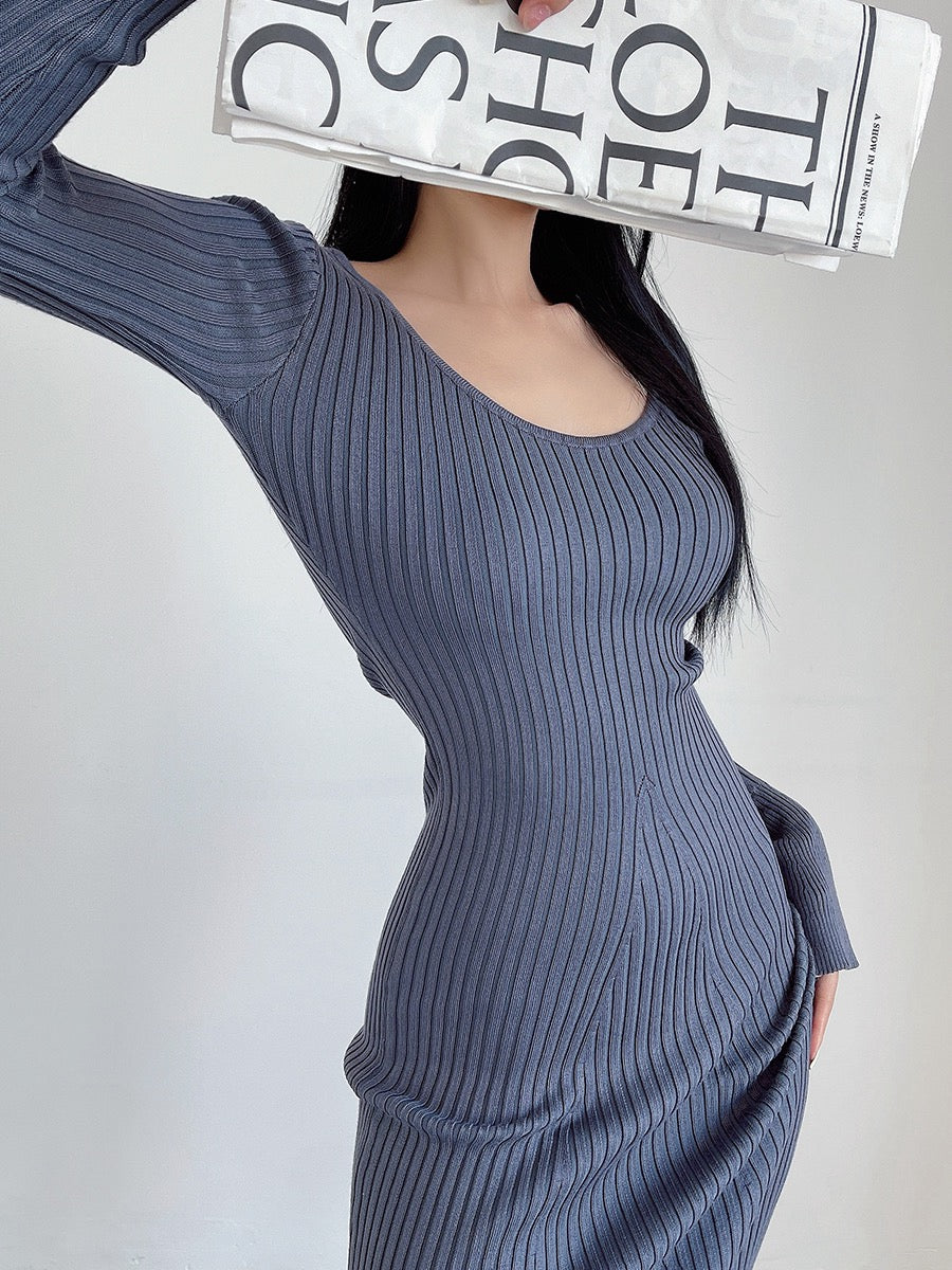 liviahome show figure low round neck trumpet sleeve knitted fishtail dress women's autumn and winter inner bag hip dress