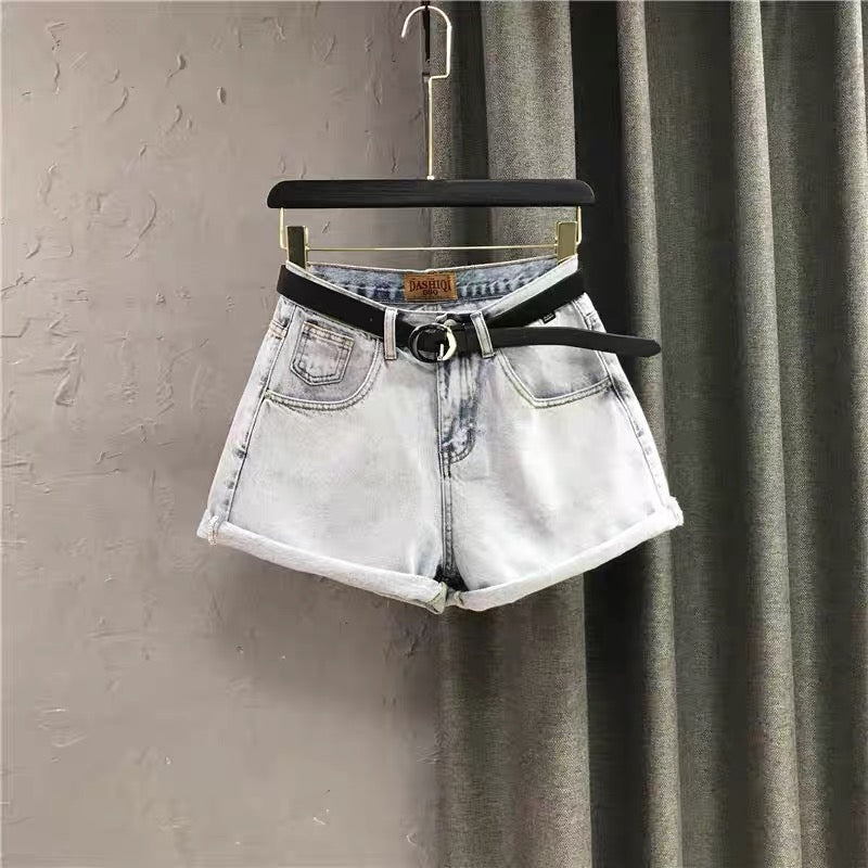Light blue denim shorts women's curly pants autumn 2022 new loose large size contrast color pocket A-line hot pants Q133