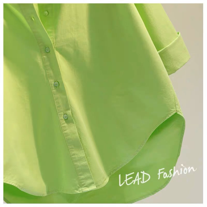 Fruit green letter embroidery mid-length cotton and linen shirt women 2023 spring candy color BF wind shirt sun protection cardigan