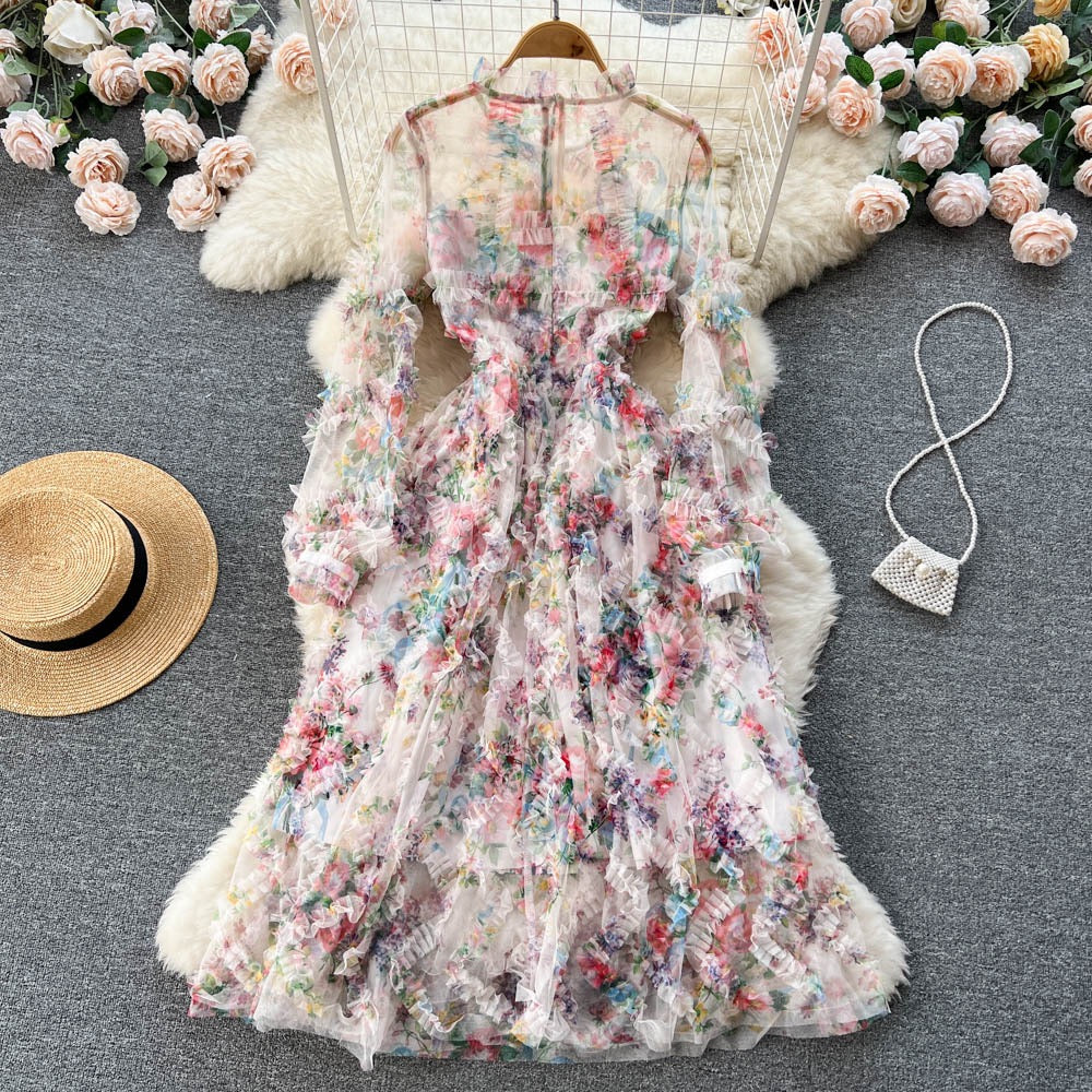 Chiffon mesh printed hollow dress women's 2022 autumn temperament temperament waist cake skirt swing over the knee long skirt