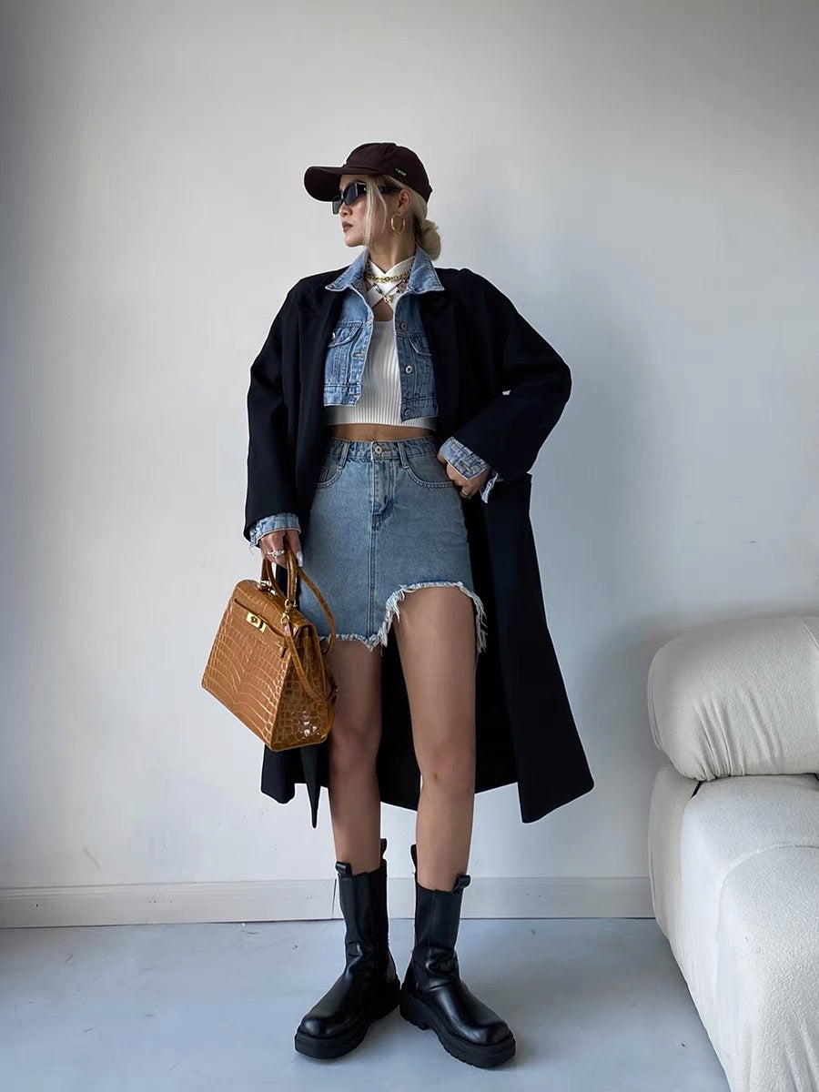 Jingye European and American style short denim jacket women's 2022 summer new high-waisted slim skirt two-piece suit