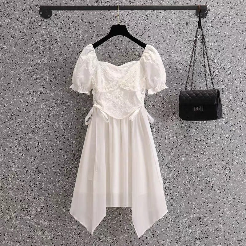 2022 large size women's new fat MM waist and thin design French niche irregular dress 8395