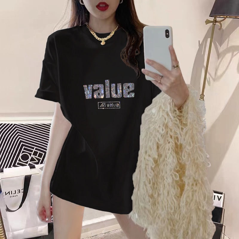 2023 new summer dress black t-shirt women hot diamond big love loose pure mid-length round neck short-sleeved top ins tide