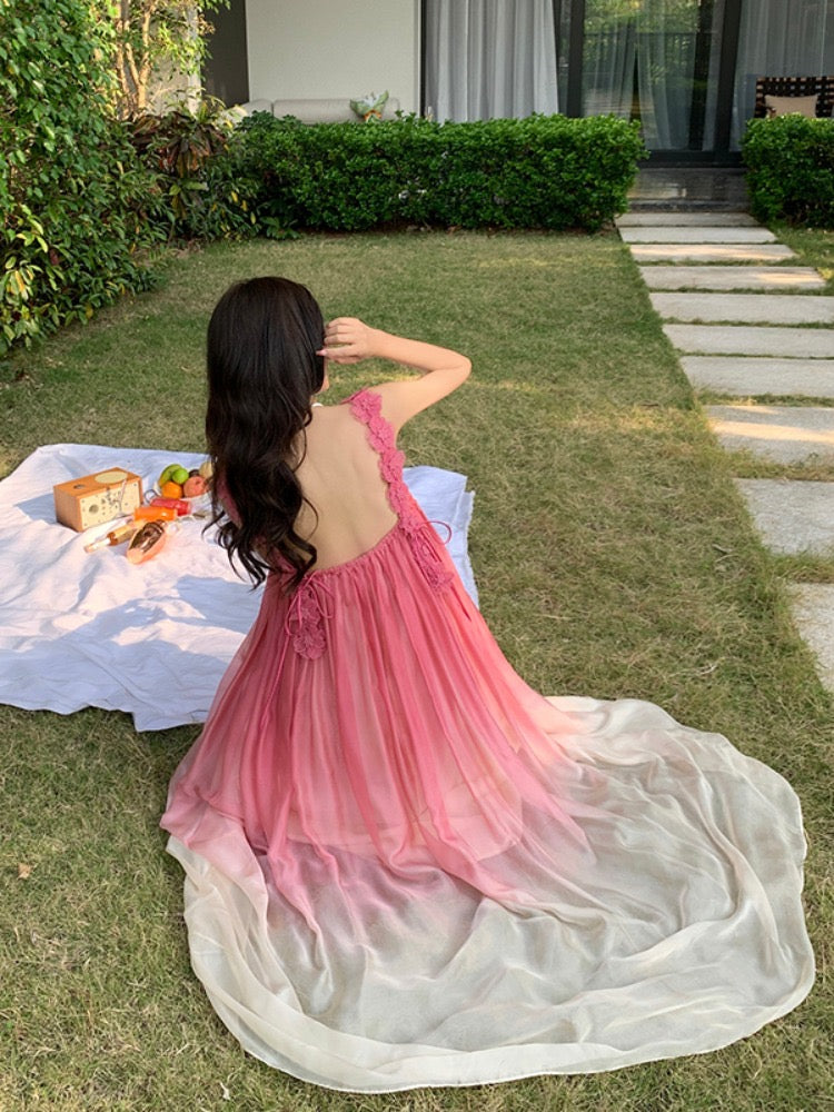 Yunnan Lijiang Travel Photo Beach Dress Sanya Vacation Suspender Dress Pink Gradient Chiffon Dress Super Fairy