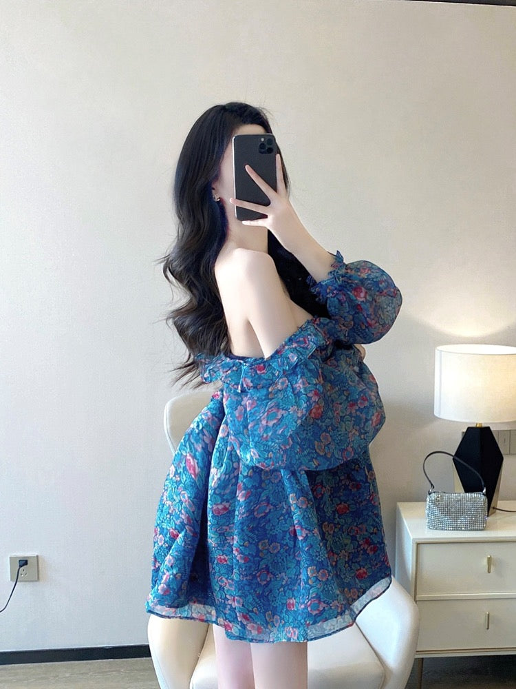 The fugitive princess's tutu skirt 2023 spring new style waist slimming French sweet gauze floral dress female