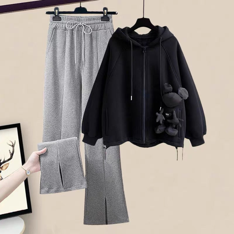 Autumn wide-leg pants spring and autumn can be salty and sweet hooded lazy wind sweater fashion suit female winter small two-piece suit