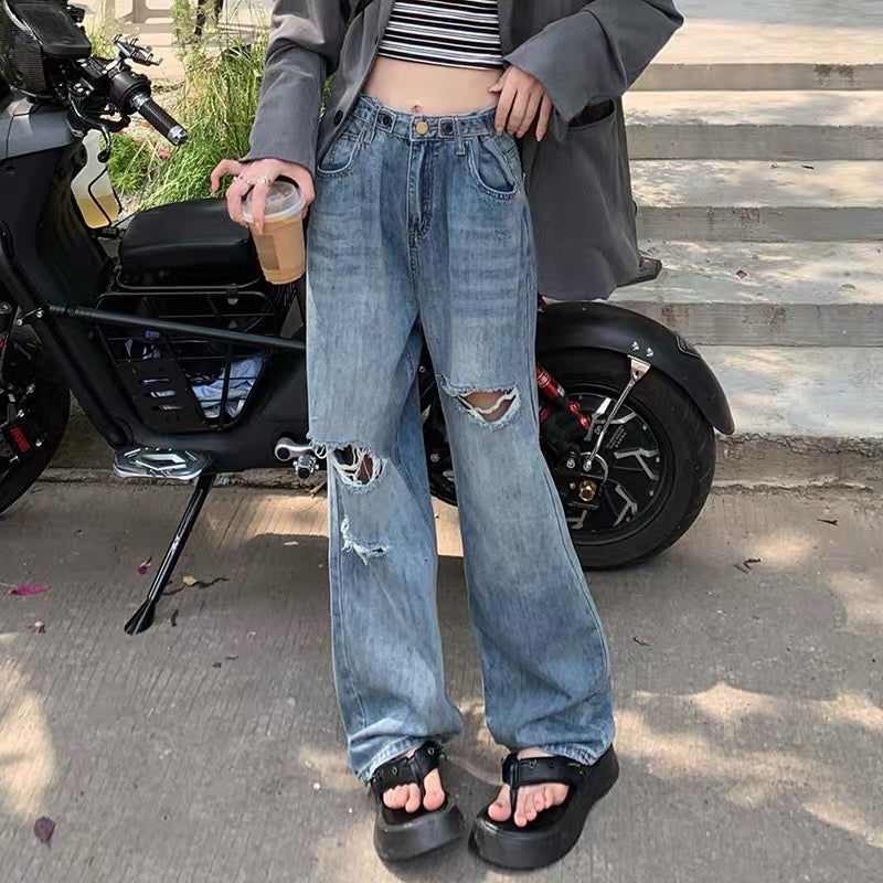 Kumikumi ripped jeans women's washed long pants summer high-waisted thin straight-leg pants loose wide-leg pants tide 2882