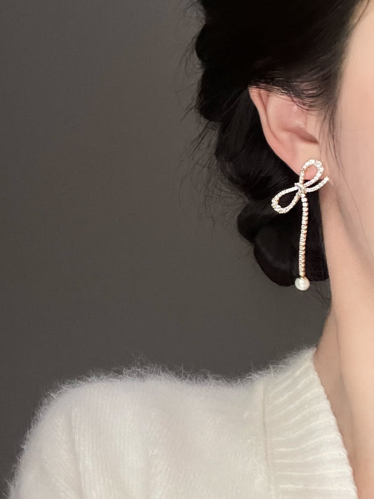 "Selling Gentleness" Exaggerated Bow Knot Mosquito Incense Plate Ear Clip Earrings Long Earrings Female Pearl Earrings Autumn and Winter