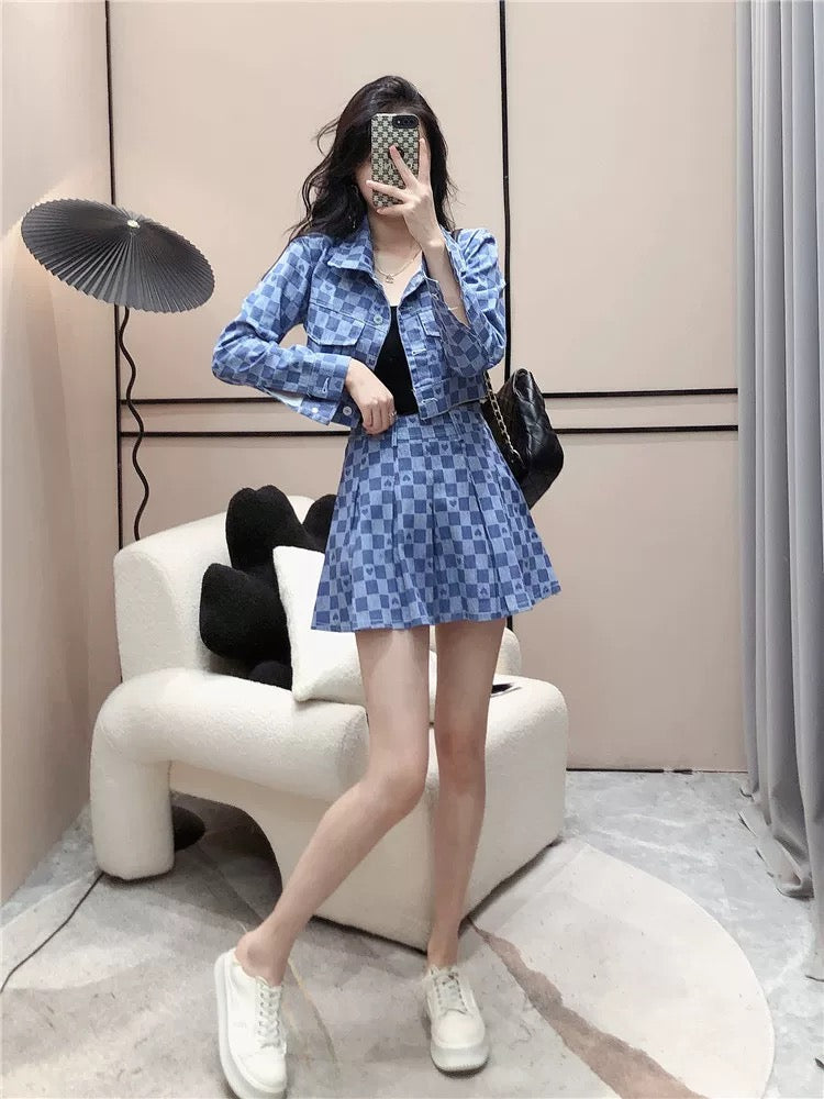 Age-reducing Love Plaid Small Denim Suit Women's Autumn Long Sleeve Short Jacket + High Waist A-Line Skirt