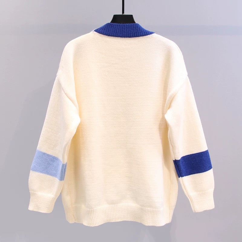 Contrast color letter sweater jacket women's autumn and winter 2022 new Japanese loose college style color matching V-neck knitted cardigan