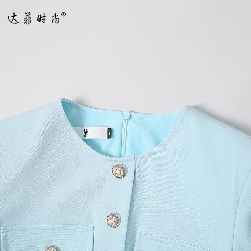 Summer women's clothing 2022 new temperament retro blue short-sleeved waist slim dress pleated skirt long skirt