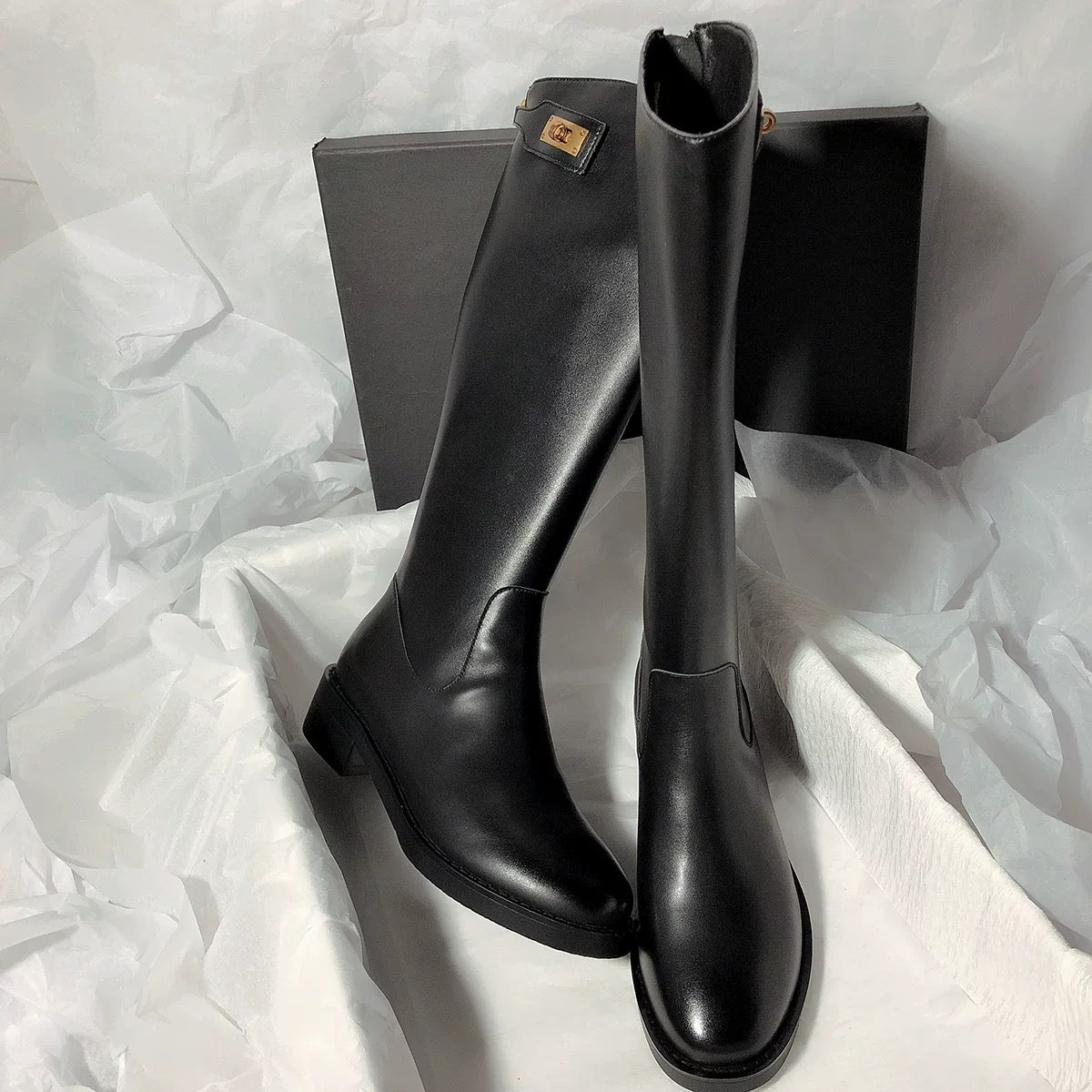 Senyu Haixiang 2022 new leather mid-heel but knee-high boots knight motorcycle simple wild high boots women