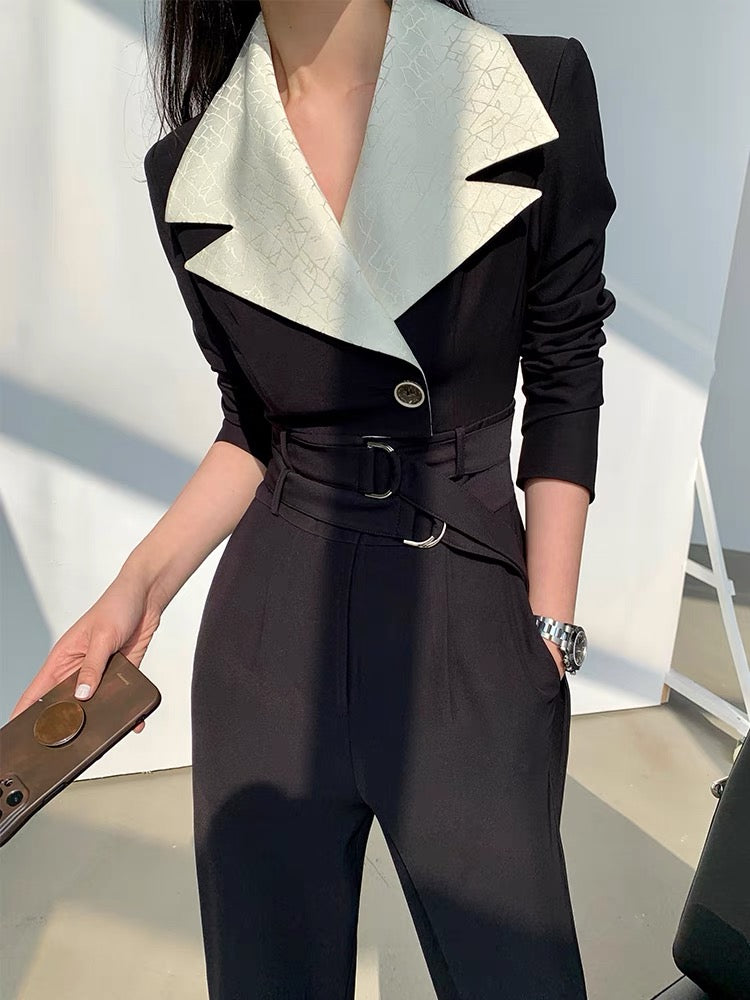 WANGXO modern hipster large lapel jacquard contrast color drape lapel jumpsuit early spring jumpsuit
