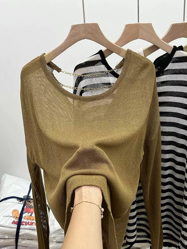 Unique, Western style, retro European goods, loose mid-length, thin section, sunscreen knitted blouse, high-end design sense