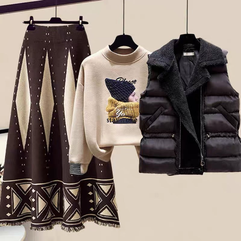 Winter Winter Skirt Skirt Sweater Vest Suit 2021 Fall New Women's Three-piece Western Style Winter Dress 1810
