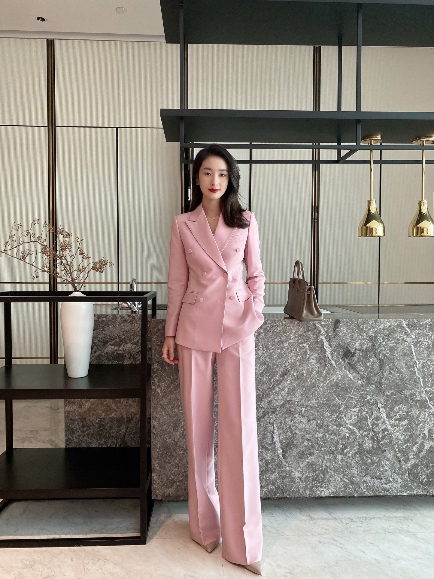 2023 spring temperament pink double-breasted suit suit commuting capable light familiar high wide-leg pants ol workwear