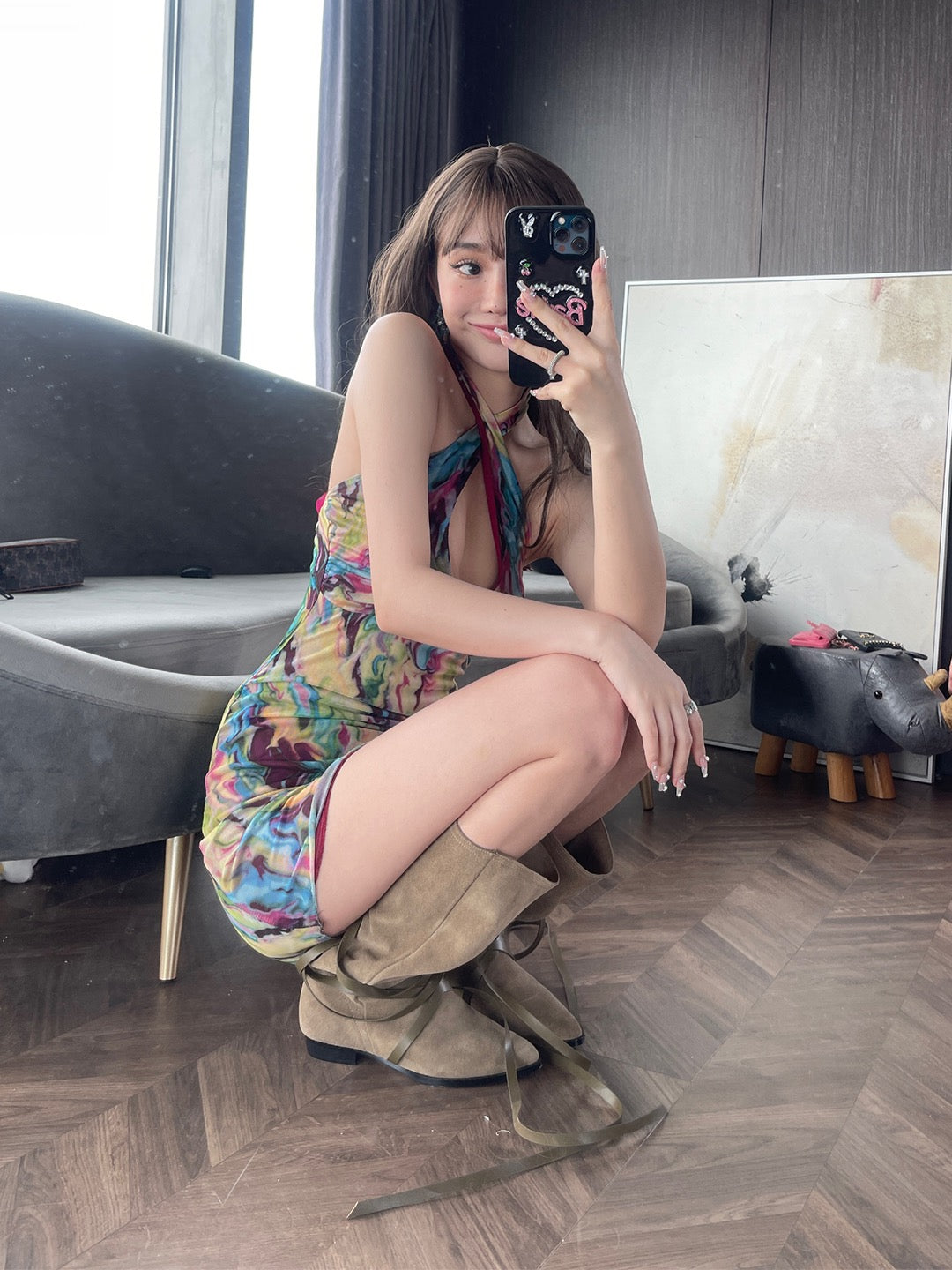 ChiclyNana Millennium Spice Girl Smudged Dress Atmosphere Package Hip Skirt Hollow Miniskirt French Suspender Skirt