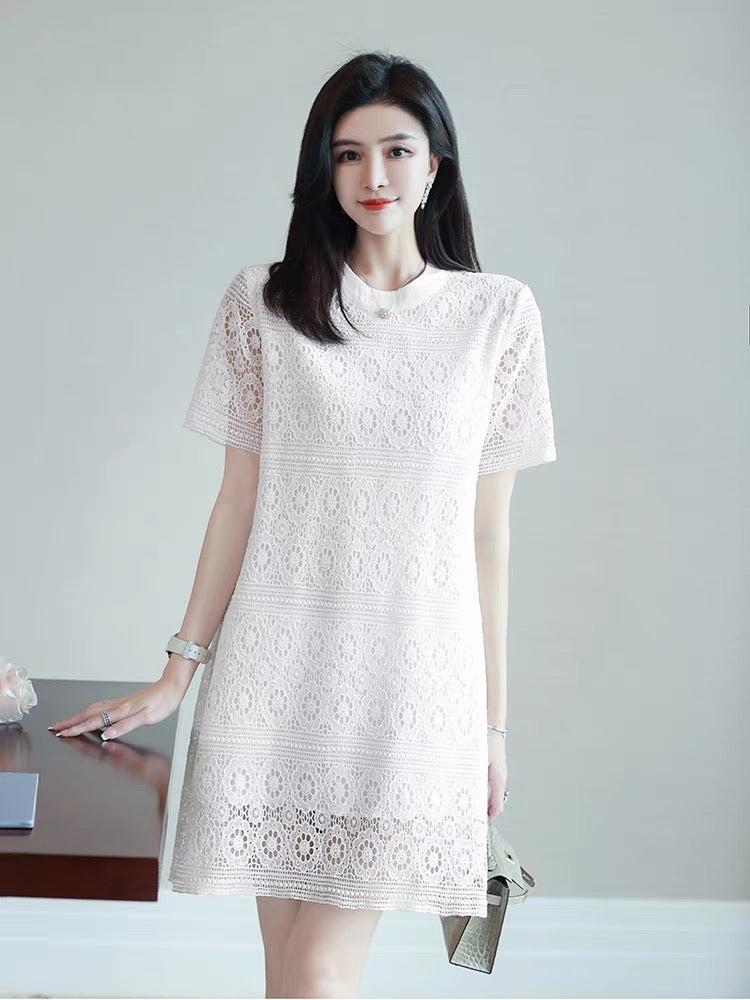Gentle wind temperament skirt female summer 2022 new ladies fashion white lace hollow basic dress