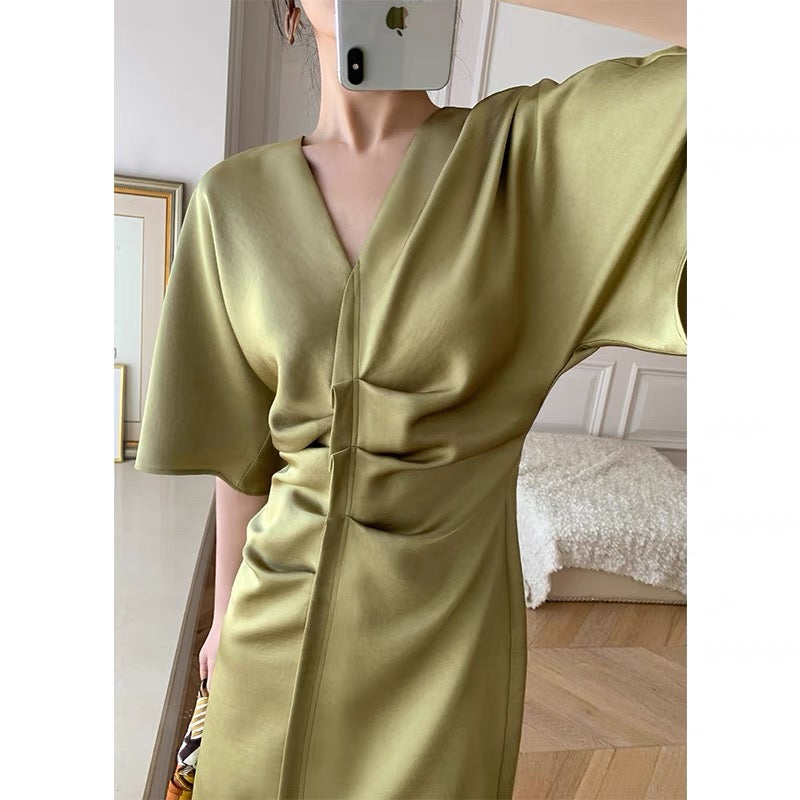 mona original women's temperament women's dress V-neck high-waist pleated five-point raglan trumpet sleeve drape short skirt