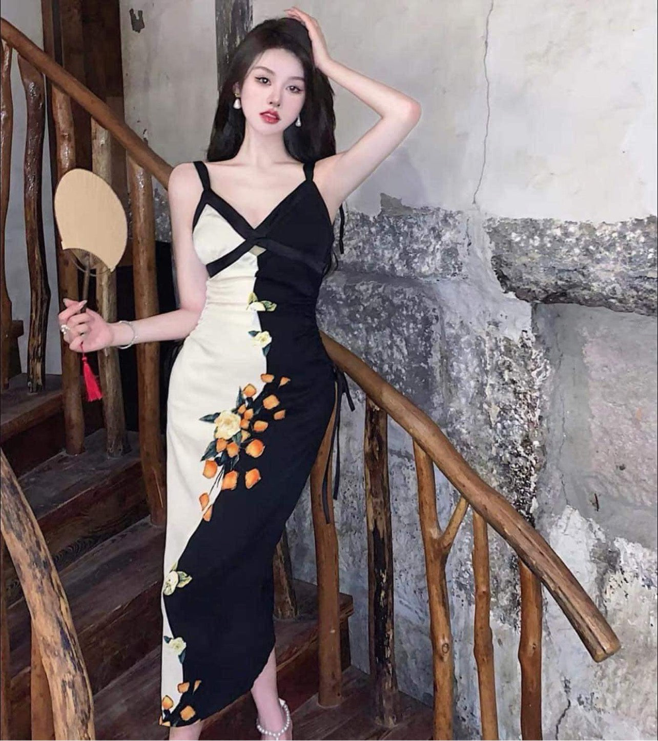 Fish Eye Shop Kyoto Rose Artistic Color Matching Haute Couture Vase Skirt Retro Light Luxury Original Slim Fit