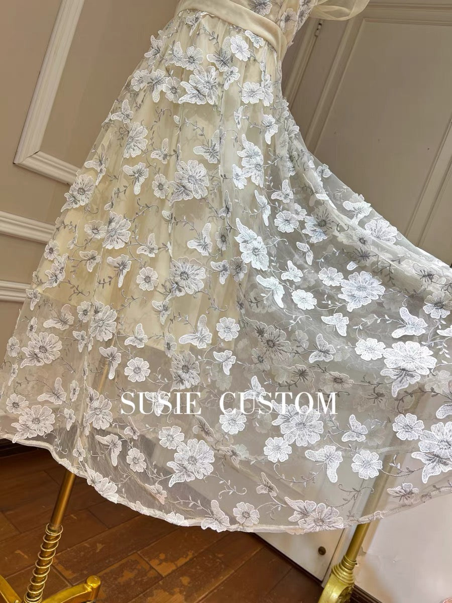 Customized heavy industry three-dimensional embroidery bow flower pleated mesh shoulder strap sleeve waist A-line skirt long skirt