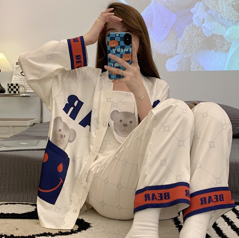 Spring, autumn and summer ice silk three-piece pajamas women's long-sleeved 2022 new cute bear suspender home service suit