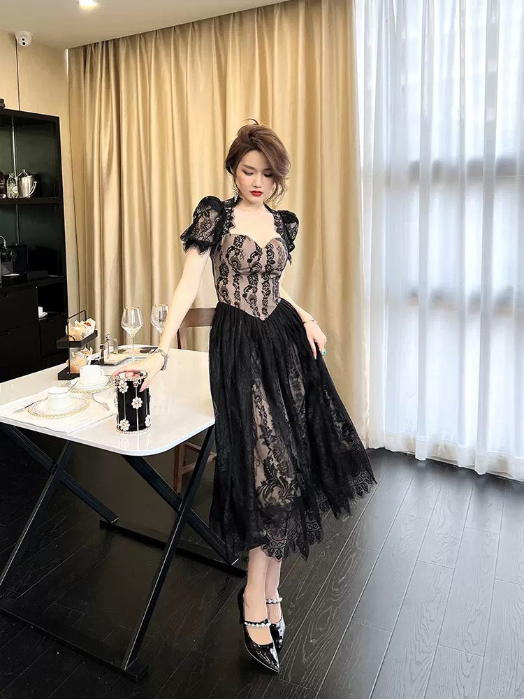 European station retro palace style lace dress female waist is thin black elegant pear-shaped body cover crotch skirt 1554