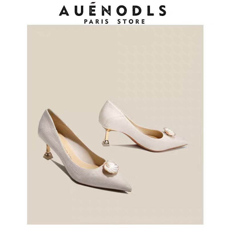AUENODLS leather French temperament pearl shell high heels female silver silk white nude main wedding bridesmaid wedding shoes