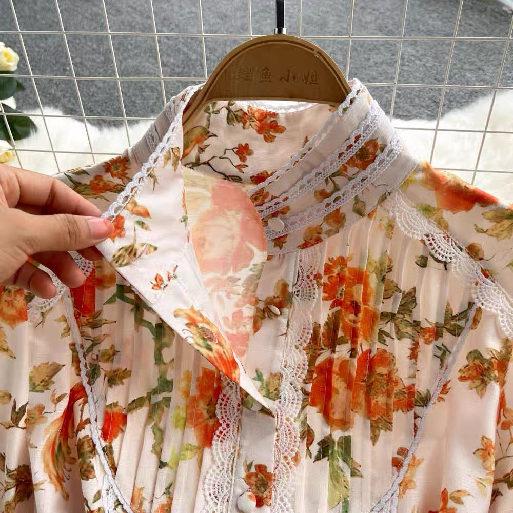 French retro court style stand-up collar printed lace stitching single-breasted Western-style age-reducing design niche dress