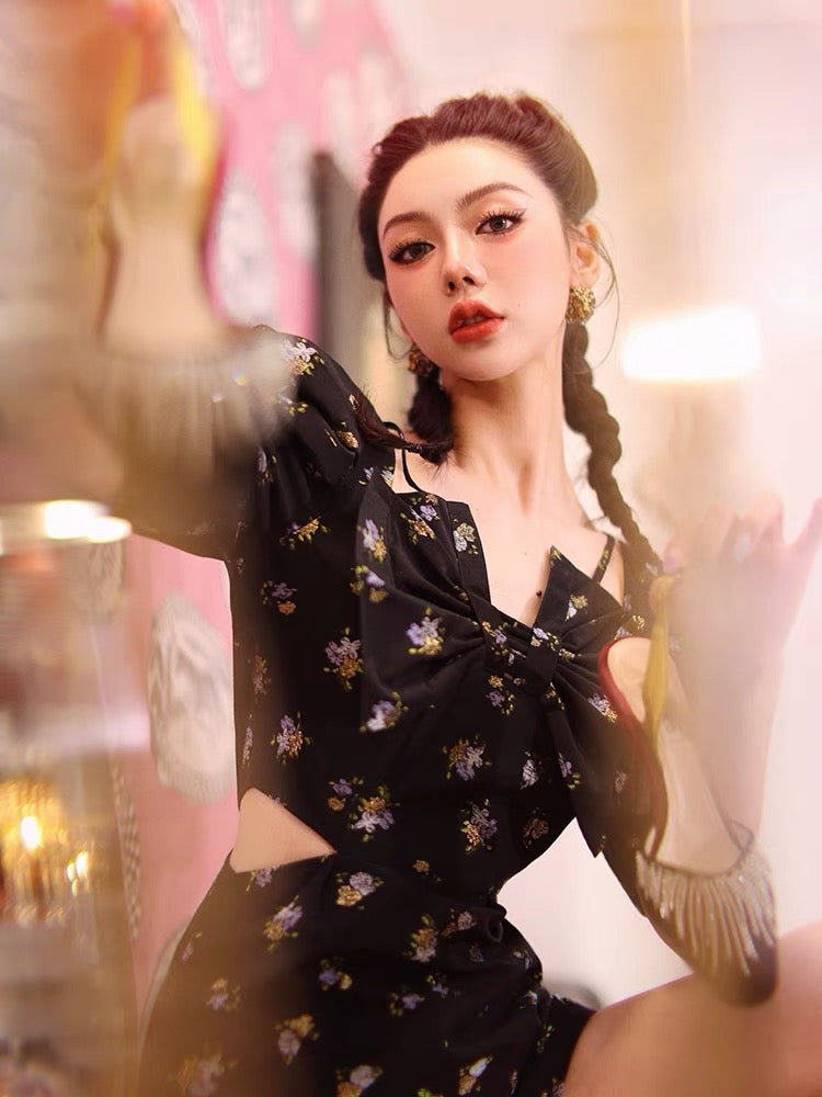 High-end light luxury black French retro chic small slim jumpsuit female summer high-end temperament ladies 1683