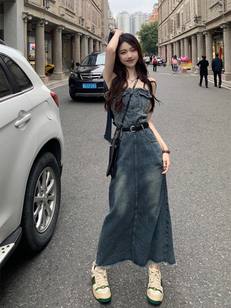 Design sense tube top denim dress female spring 2023 new waist slimmin –  Lee Nhi Boutique