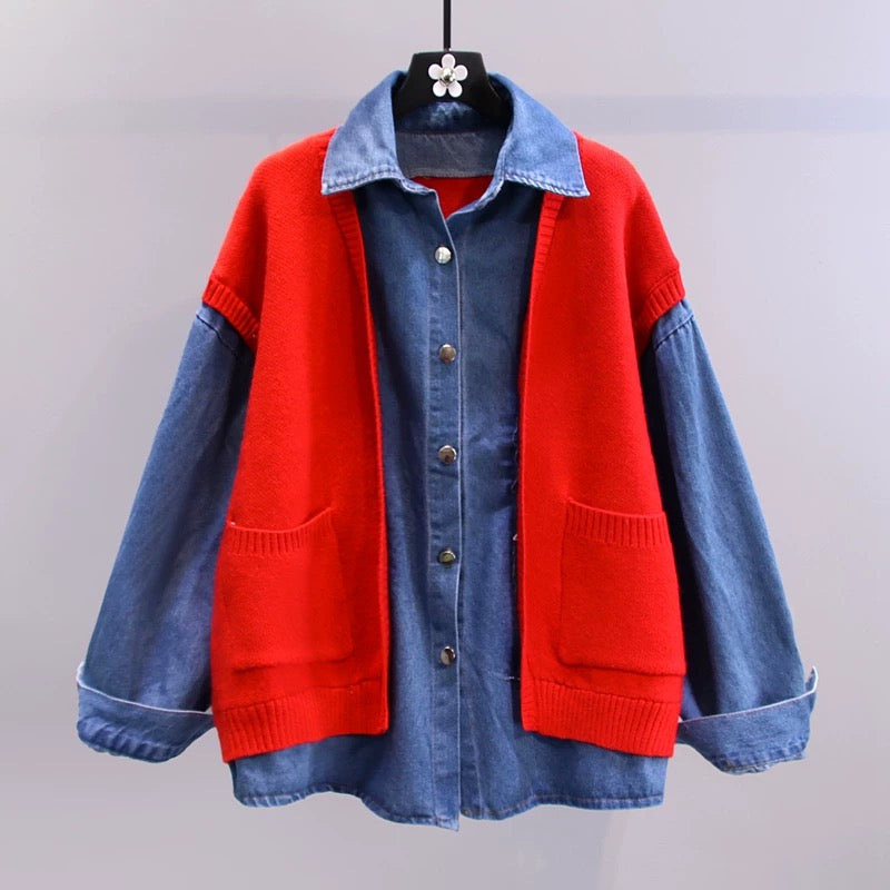 Denim stitching fake two-piece sweater jacket women's autumn and winter 2022 new Korean version fashion loose casual jacket top