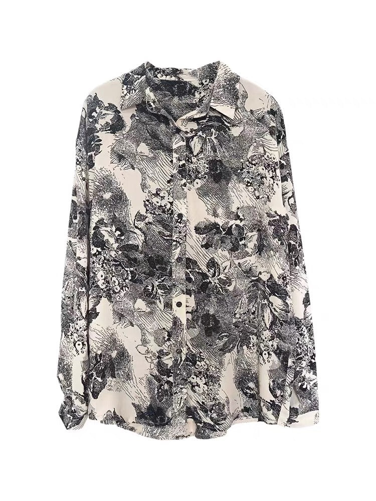 (Pre-Order) Spring and autumn new Korean version of the retro ink printing chiffon shirt women's loose and thin salt series long-sleeved stacked shirt