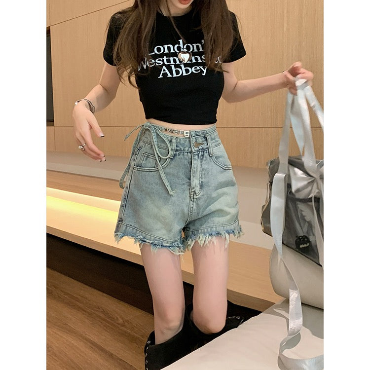 Hong Kong style raw edge jeans women's summer retro light blue high waist strappy shorts hot girl straight wide leg pants